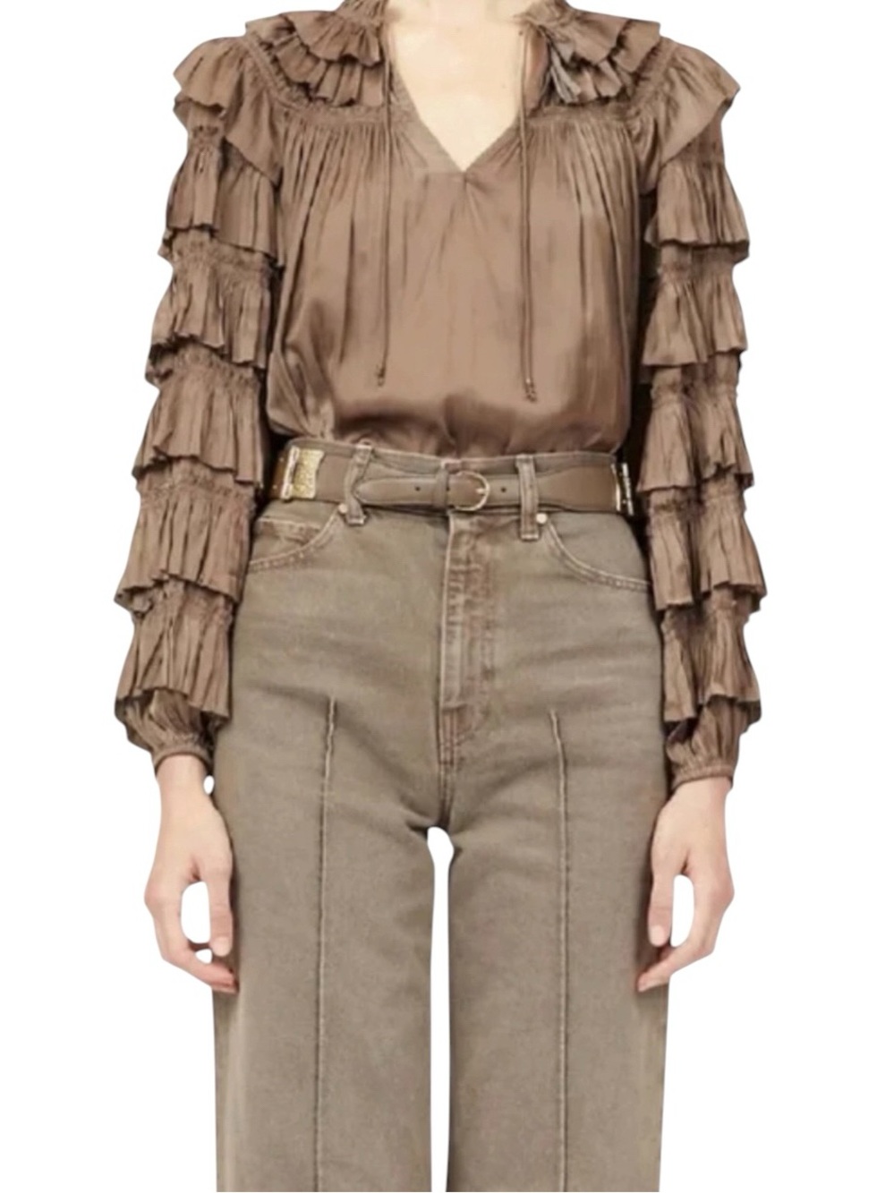 NWT Ulla Johnson Lucy Satin Ruffle Trim Balloon Sleeve Tie Split Neck Top, Size4